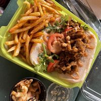 Rich boi sandwich with fries and Cajun pasta   at Willowbeez Soulveg in Columbus