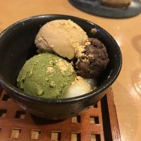 Matcha and soy ice cream parfait  at Musubi Cafe - Gion Kamogawa in Kyoto