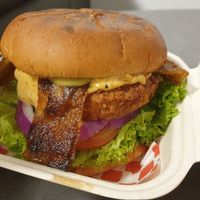 Chickn Deluxe (chikn, cheese, facon, grilled pineapple, salad, onion relish, chipotle aioli) NZ$18.50: DELICIOUS at Wise Boys Burgers in Auckland