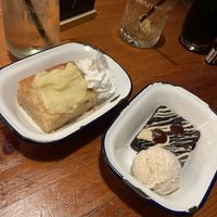 Lemon curd sponge with whipped cream, chocolate brownie with ice cream   at Golden Fleece in Nottingham