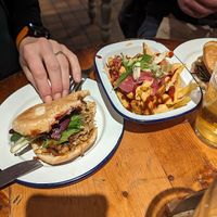 Burger and loaded fries at Golden Fleece in Nottingham