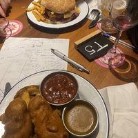Battered sausage and seitan burger   at Golden Fleece in Nottingham
