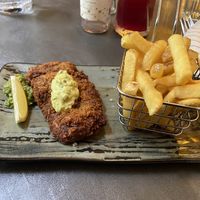 Lunch item Crumbed banana ‘fish’: quite good, but I didn’t like the planty structure of the ‘fish’ (harsher than jackfruit)  at Saorsa 1875 in Pitlochry