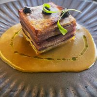Pomme Anna, kimchi velouté, black garlic purée & green oil at Saorsa 1875 in Pitlochry