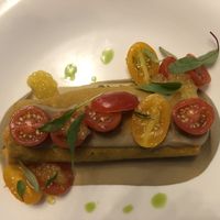 Courgette, basil and buckwheat Crêpe with Aubergine, marinated tomatoes and lemon pearls at Saorsa 1875 in Pitlochry