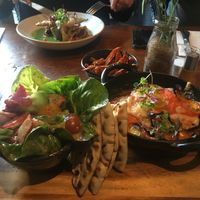 Aubergine bake, salad and sweet potato fries at The Chester Fields in Chester