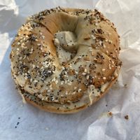Everything bagel with Hummus  at Leroy's Bagels in Denver