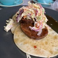 Vegan chckn pancakes (Seitan with vegan coleslaw and maple syrup!) at Little Devil's Cafe in Aberystwyth