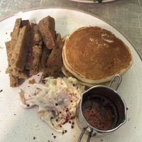 the vegan chicken (seitan) and pancakes with coleslaw and a chili maple syrup  at Little Devil's Cafe in Aberystwyth