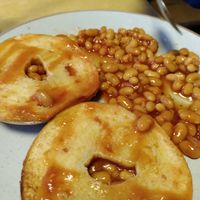 Baked beans on bagel - they did this for my kids (August 2025) at Little Devil's Cafe in Aberystwyth
