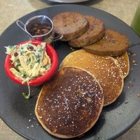 Vegan pancakes with seitan and homemade vegan coleslaw at Little Devil's Cafe in Aberystwyth