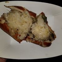 Top view sausage with sauerkraut at Vegan Brüder in Fort Lauderdale