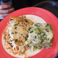 Casserole with spaghetti, tofu and maybe cashew cheese, Broccoli casserole  at Lyublyu i Blagodaryu in Yekaterinburg