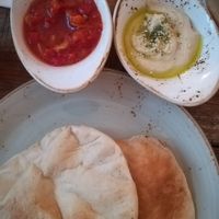 Matbucha, hummus, warm pita at Kerszberg's Café & Genuss in Berlin
