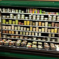 Grab and go case.  Not all vegan, but a good amount is.  I'd estimate around a third. at Greens in Chester