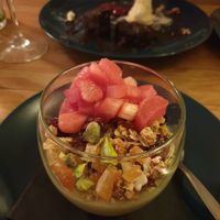 Rhubarb and pistachio creme brulee at The Crown Inn in Broughton