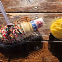 so yummy!! i got non-dairy chocolate vanilla swirl and my bf got pineapple dole whip. they also had strawberry dole whip.  at Silver Scoops in Mears