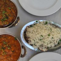 roasted eggplant, lentil curry and fried rice with mushrooms at Bengal Tandoori in Lisbon