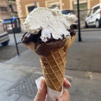 3 gusti (nocciola, chocolate, coffee) with vegan chocolate and vegan whipped cream as topping  at Gelateria Brivido in Rome