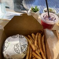 Hawaiian Vegan Burger, fries and Hibiscus ice tea (I wish I took a picture of the burger, go to their website to view) #Veganuary at Spring Cafe in New York City