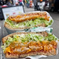 Hash Brown & Cheese Sandwich: multi-grain bread, mayo, lettuce, tomato, hash brown, vegan cheese, ketchup at Spring Cafe in New York City