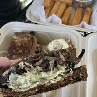 Reuben with potato salad. Polenta fries with avocado creama  at Leaf & Lentil in Sarasota