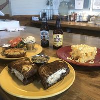 polenta fries, portobello Reuben, lentil salad, falafel sandwich, potato salad, root beer and kombucha!! Fabulous at Leaf & Lentil in Sarasota
