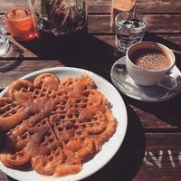 Vegan waffle and coffee with vegan milk  at Pavillon am Ufer in Berlin