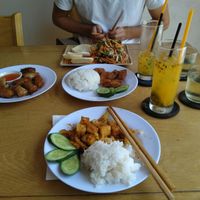 Fried spring rolls, chicken salad, some ribs and lemongrass and chili tofu at Hoa Sen in Phan Thiet