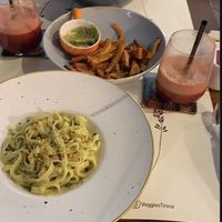 Avocado-pistachio pasta (vegan) and budha bowl (vegetarian)  at Veggies in Tirana