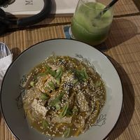 Asian noodles with tofu, detox juice (green veggies and apples)  at Veggies in Tirana