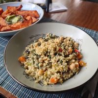 Bulgur dish and sweet potato fries at Veggies in Tirana