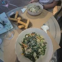 Truffle fettucine, vegan spring rolls, vegan sushi salad at Veggies in Tirana