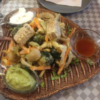 Tofu and veggie tempura with guacamole vegan mayo and chilli sauce - so tasty!  at Veggies in Tirana