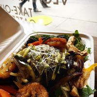 Seitan, tofu and brown rice and veggies at Veggie D'Light in Toronto