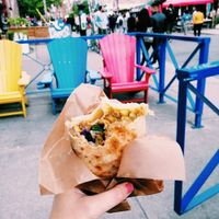 curried chickpeas and jerk seitan in a roti at Veggie D'Light in Toronto