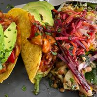 Pulled jackfruit filled tacos with salad at Nourish in Teignmouth