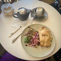 Curried satay pasty with a couple of the fresh salads and a pot of teaa  at Nourish in Teignmouth