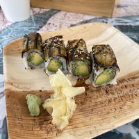 Caterpillar roll - thinly sliced, cooked eggplant with a delicate sauce on top   at Wasabi Beach Sushi & Kitchen in Montauk