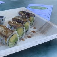 Caterpillar Roll - Sesame marinated eggplant with avocado and cucumber topped with vegan eel sauce. 😋 at Wasabi Beach Sushi & Kitchen in Montauk