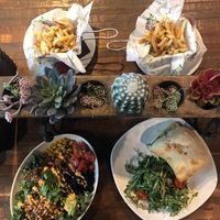 Salad and burger with garlic chips  at Greenleaf Gourmet Chop Shop in Hollywood