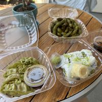 Double crunch roll, garlic edamame, and veggie gyoza  at Sushi Lounge in San Diego