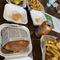 Kfc burger and chips. Their meal deal (drinks not from there)  at Wholesome Junkies in Manchester
