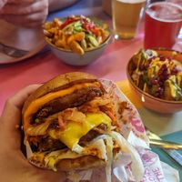 Kimchi burger, a personal fave, with a few cheeky sides (I think the bombay tots and Thai fries, both delightful)  #Veganuary at Wholesome Junkies in Manchester