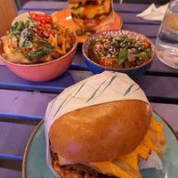 Kimchi burger, chilli cheese burger, Thai tots and sweet and sour balls at Wholesome Junkies in Manchester