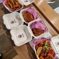 House fries, Thai tots, Kimchi Chikn burger, BBQ Chikn burger at Wholesome Junkies in Manchester