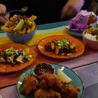 Gyoza, corn fritters, tofu bites, Thai fries, classic mac at Wholesome Junkies in Manchester