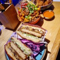 C'cken burger with fries and c'cken bites at Wholesome Junkies in Manchester