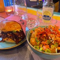 Korean burger (swapped the cauliflower for mushroom) and kimchi tater tots 😍 at Wholesome Junkies in Manchester
