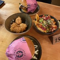 Vegan chicken balls, topped fries, ‘Chicken’ burger made of oyster mushrooms, truffle burger with ‘beef’ patty   at Wholesome Junkies in Manchester